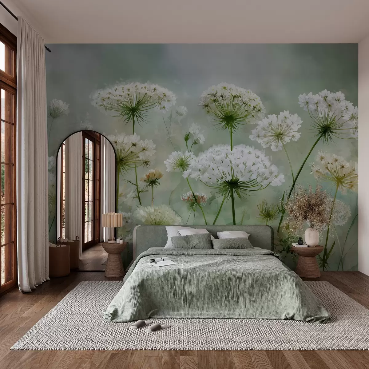wall murals Нежно бело дивље цвеће краљице Ане, у сликовитом стилу, зелени тонови w04313
