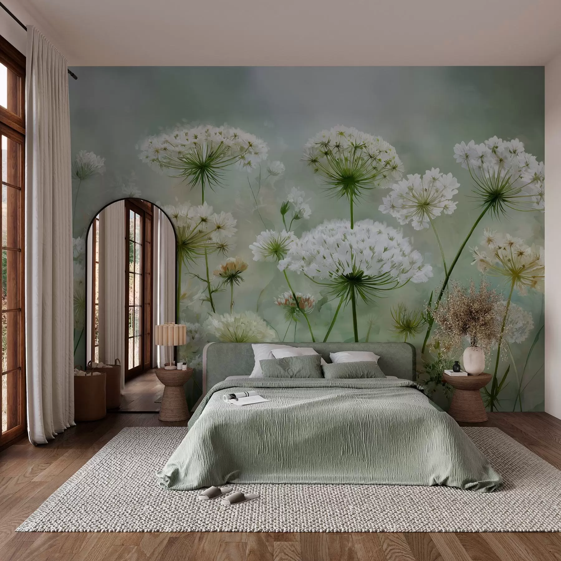 wall murals Нежно бело дивље цвеће краљице Ане, у сликовитом стилу, зелени тонови w04313