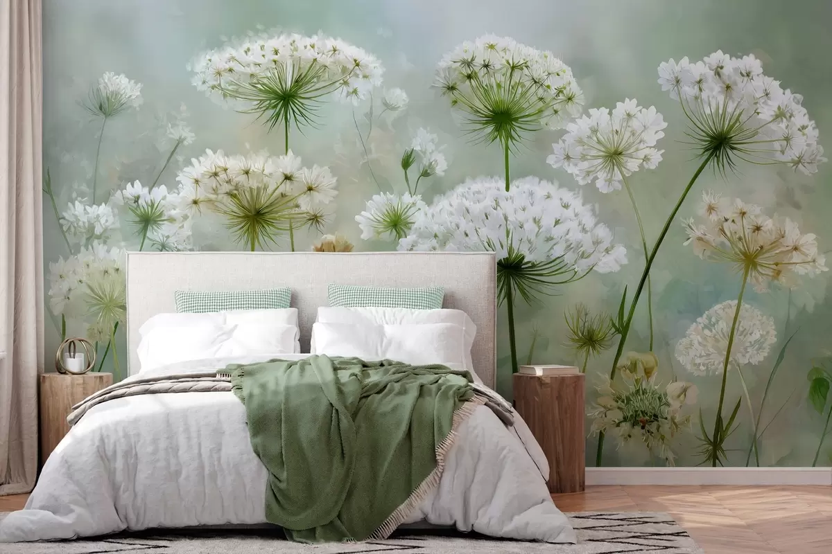 wall murals Нежно бело дивље цвеће краљице Ане, у сликовитом стилу, зелени тонови w04313
