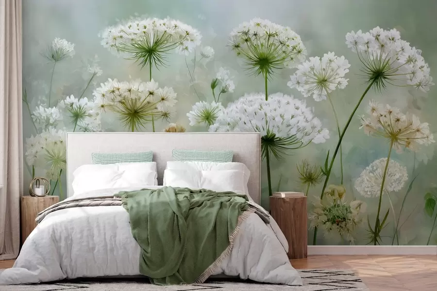 wall murals Нежно бело дивље цвеће краљице Ане, у сликовитом стилу, зелени тонови w04313