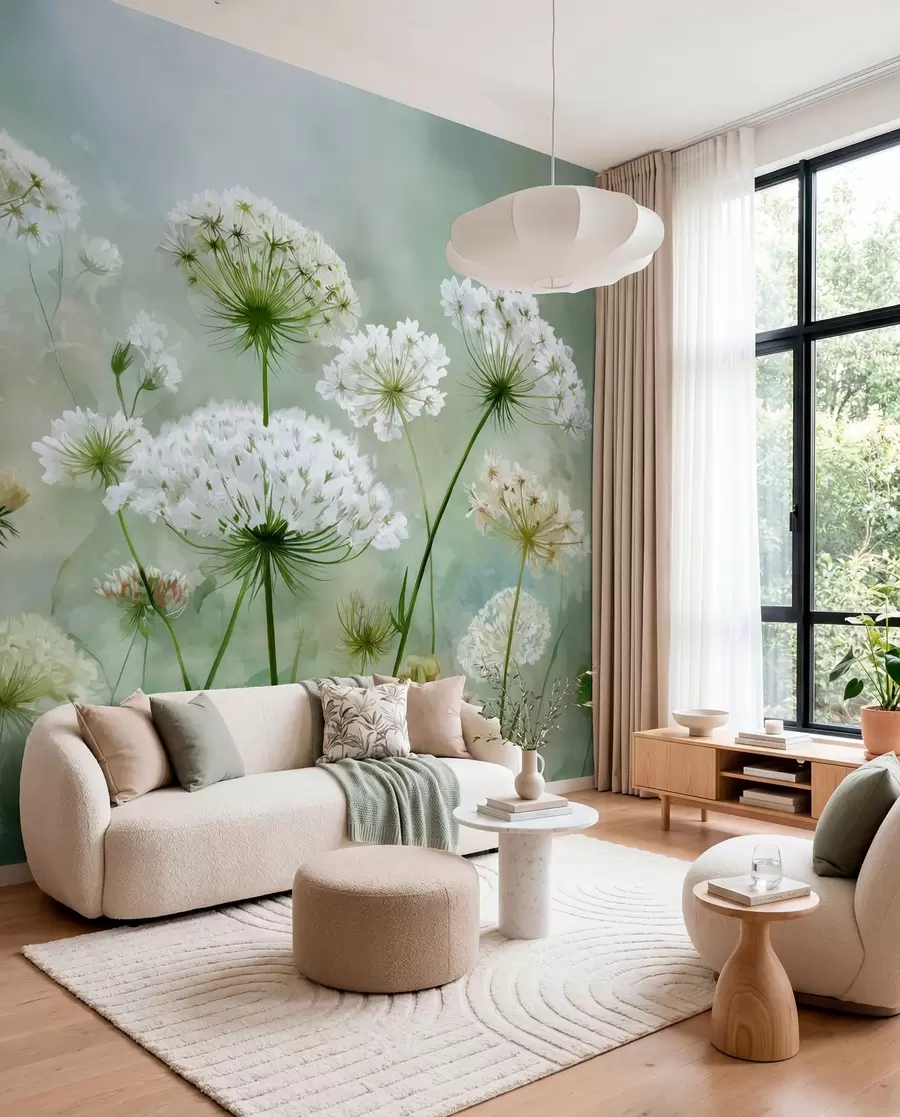 wall murals Нежно бело дивље цвеће краљице Ане, у сликовитом стилу, зелени тонови w04313