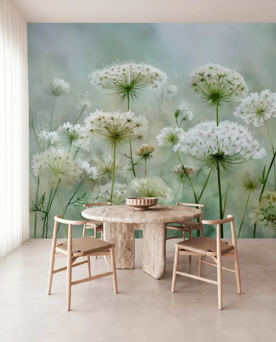 wall murals Нежно бело дивље цвеће краљице Ане, у сликовитом стилу, зелени тонови w04313