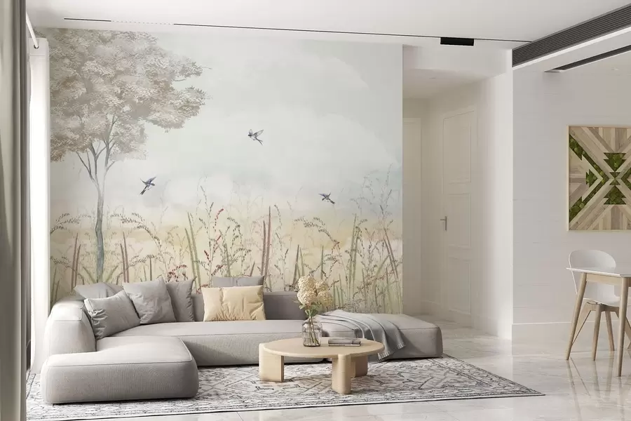wall murals Пејзаж са дрвећем, птицама и ливадским травама w04350