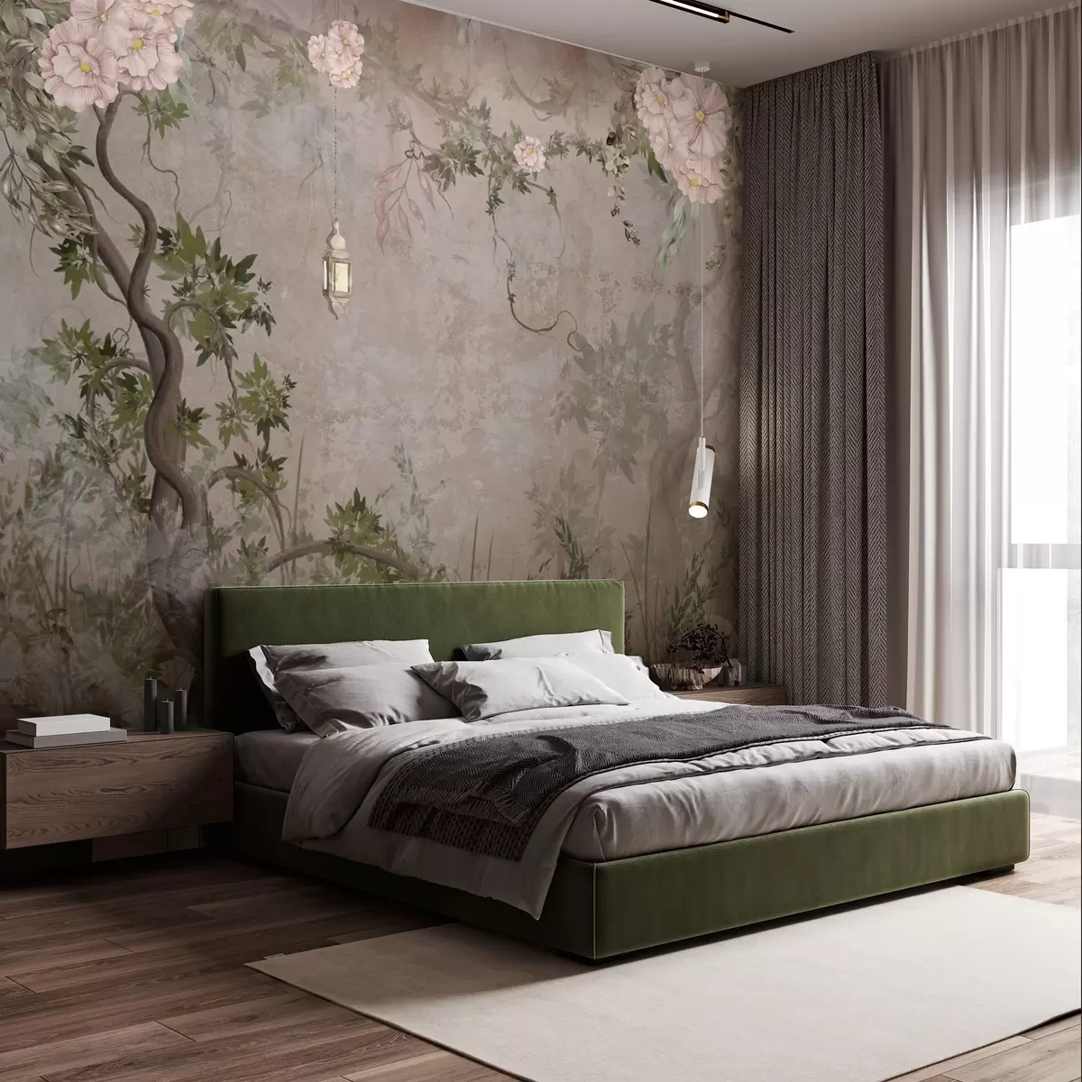 wall murals Бајковита башта са цвећем, дрвећем и фењером w04416