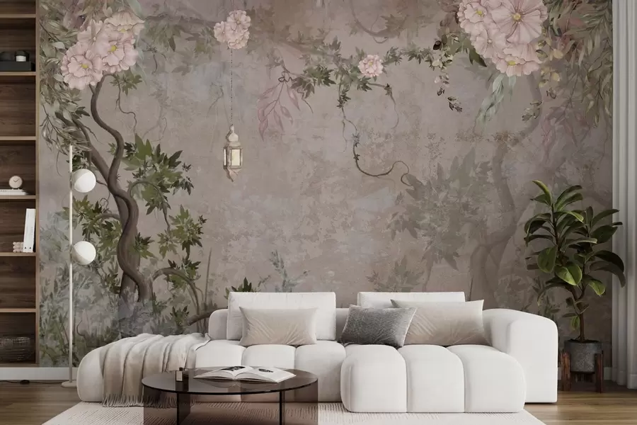 wall murals Бајковита башта са цвећем, дрвећем и фењером w04416