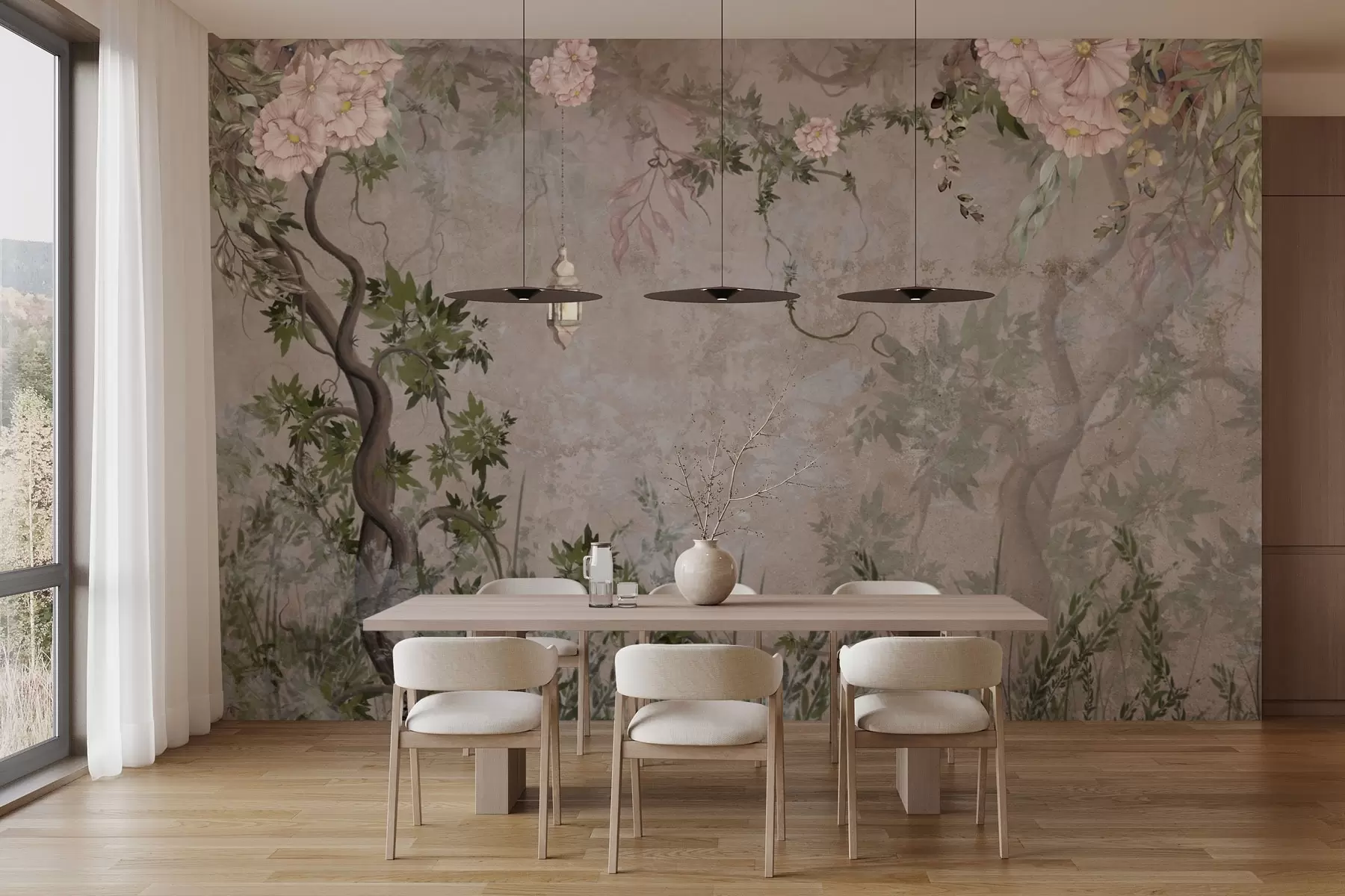 wall murals Бајковита башта са цвећем, дрвећем и фењером w04416