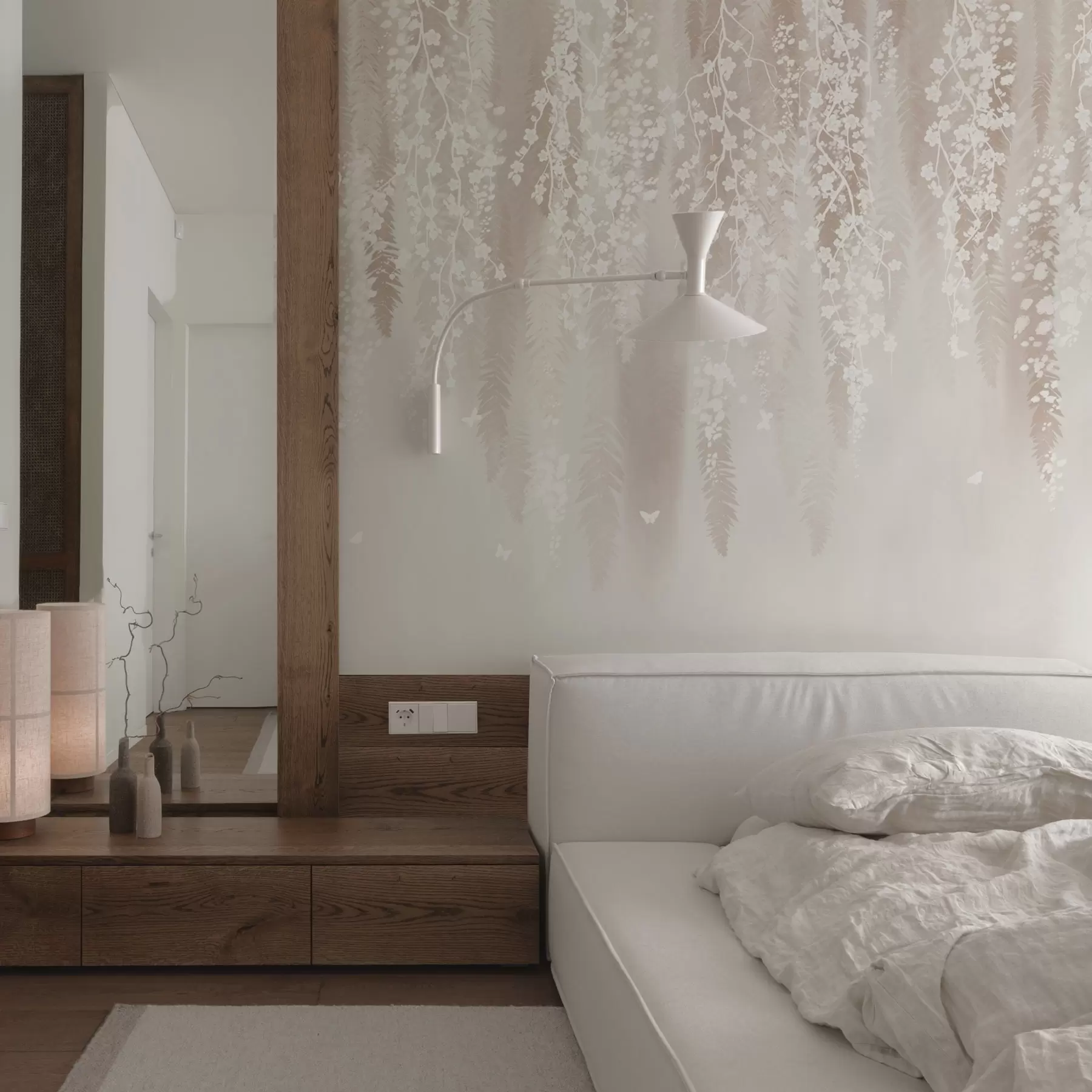 wall murals Светле гране са белим цвећем на нежној позадини w04417