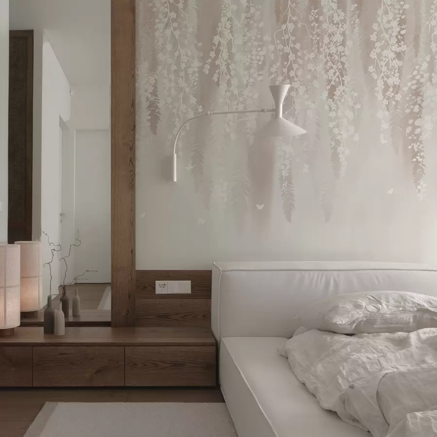 wall murals Светле гране са белим цвећем на нежној позадини w04417