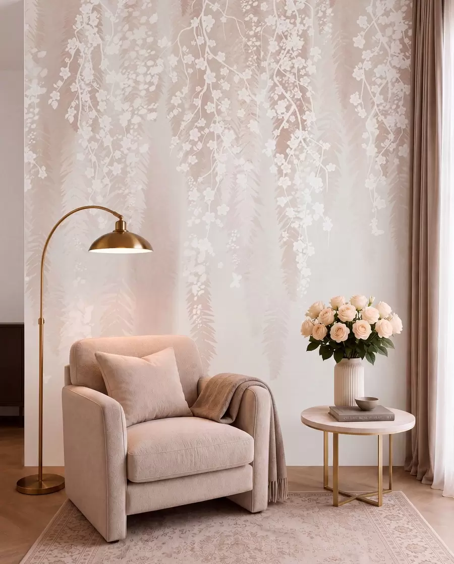 wall murals Светле гране са белим цвећем на нежној позадини w04417