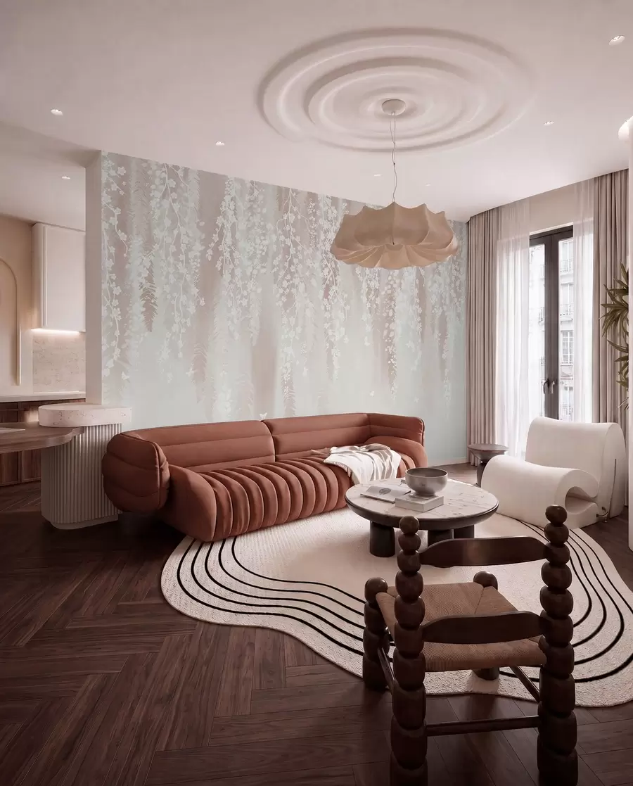 wall murals Светле гране са белим цвећем на нежној позадини w04417