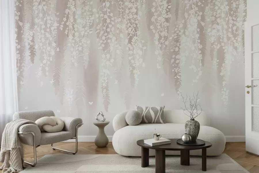 wall murals Светле гране са белим цвећем на нежној позадини w04417