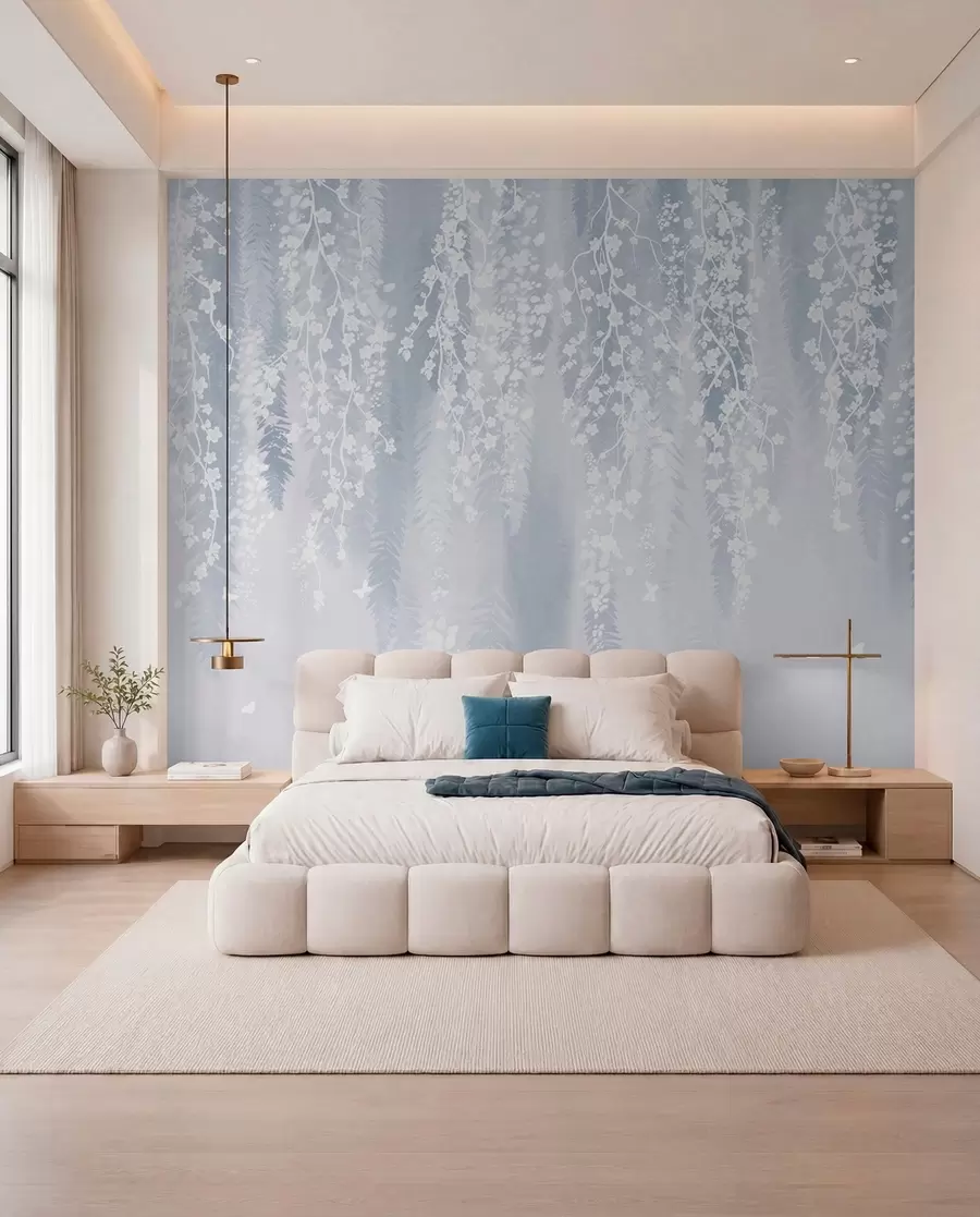 wall murals Хладна плава верзија грана са белим цвећем w04417v2