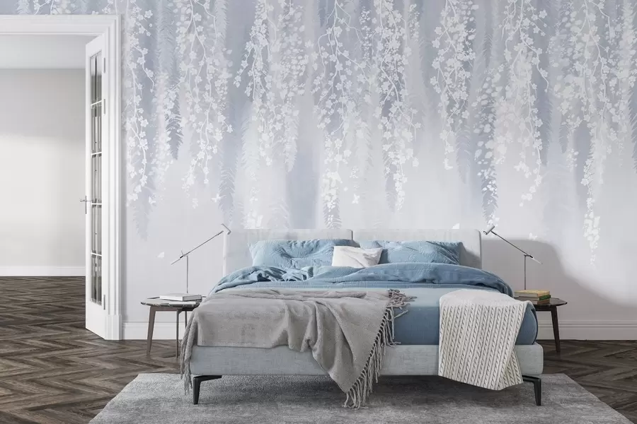 wall murals Хладна плава верзија грана са белим цвећем w04417v2