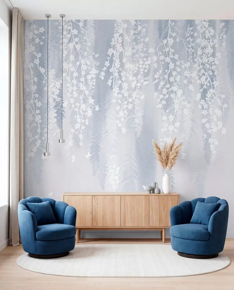 wall murals Хладна плава верзија грана са белим цвећем w04417v2