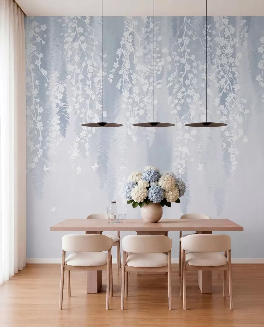 wall murals Хладна плава верзија грана са белим цвећем w04417v2