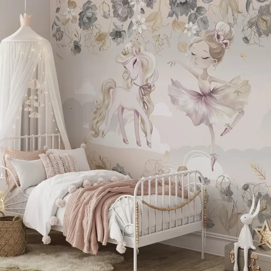 wall murals Снежнобели пони и балерина међу цвећем и облацима w04419