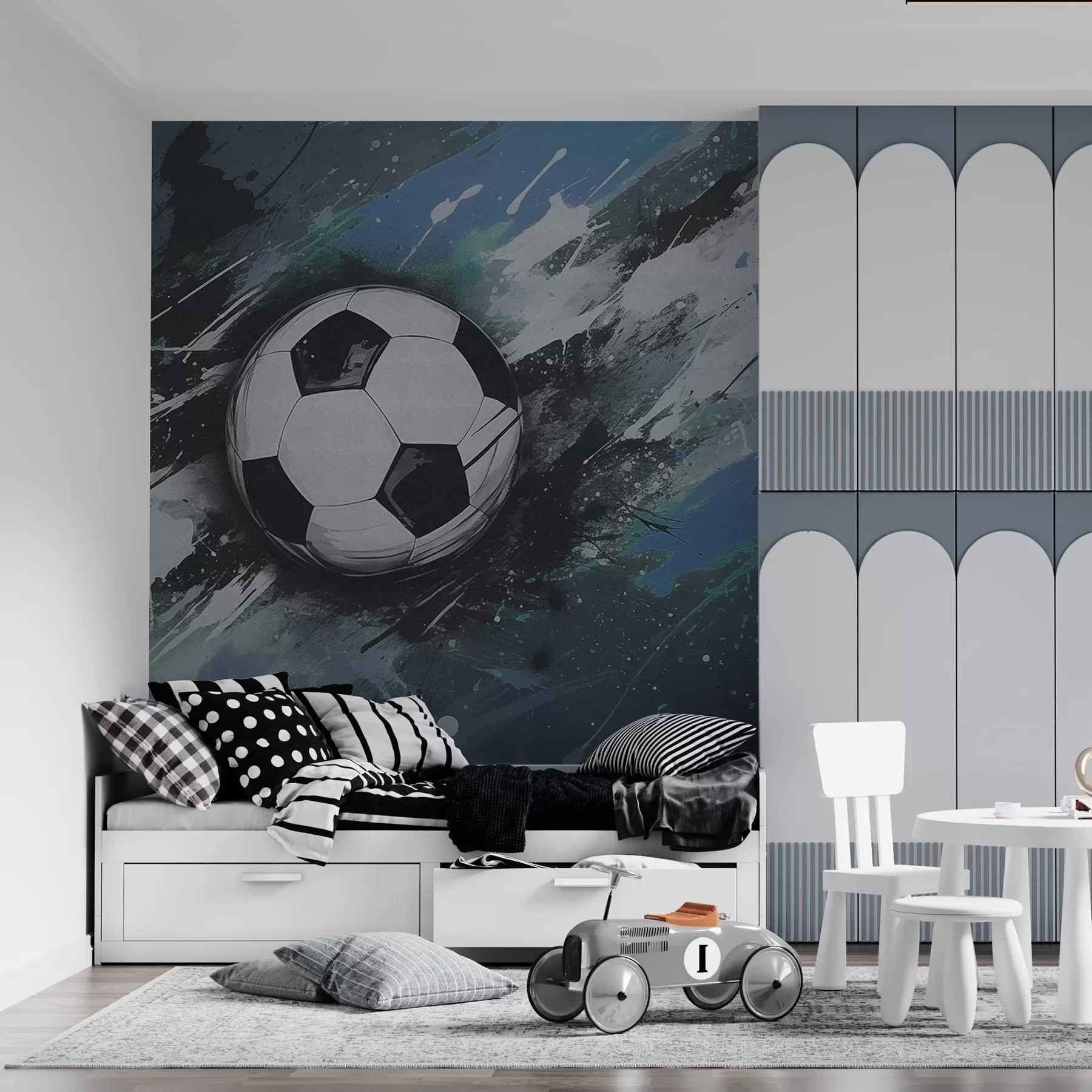 wall murals Фудбалска лопта са замагљеним графитима у позадини w04467v1
