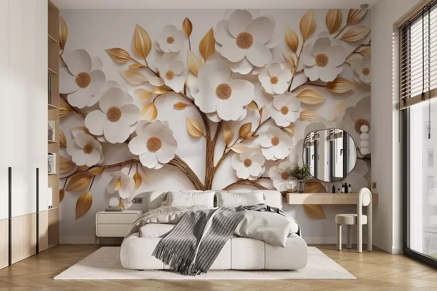 wall murals Дрво са белим цветовима и имитацијом рељефних листова w09348