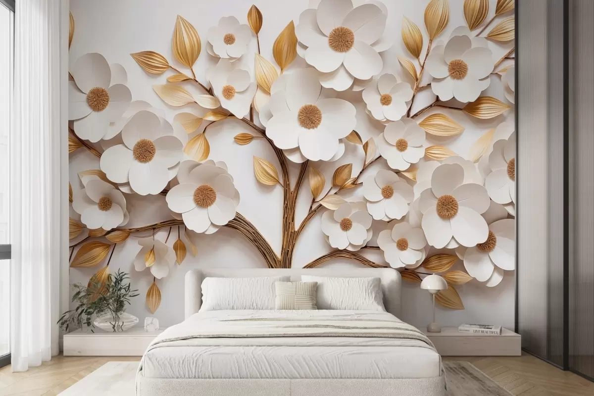 wall murals Дрво са белим цветовима и имитацијом рељефних листова w09348
