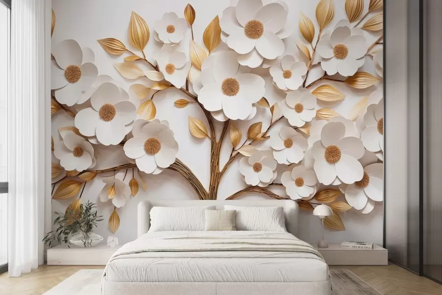 wall murals Дрво са белим цветовима и имитацијом рељефних листова w09348