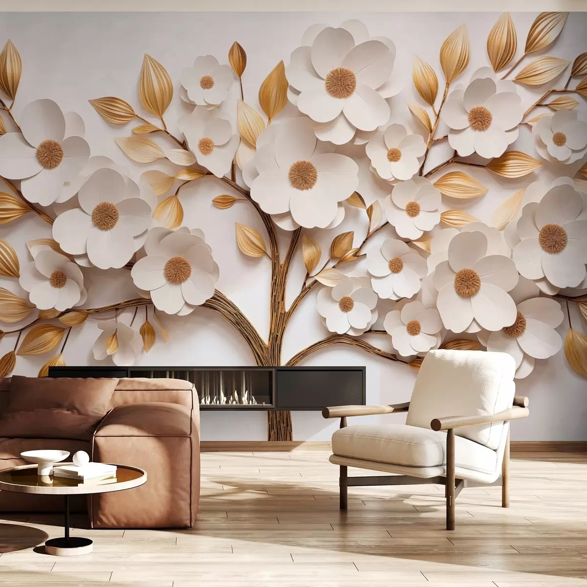 wall murals Дрво са белим цветовима и имитацијом рељефних листова w09348