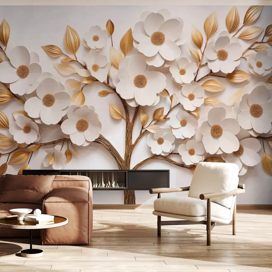wall murals Дрво са белим цветовима и имитацијом рељефних листова w09348