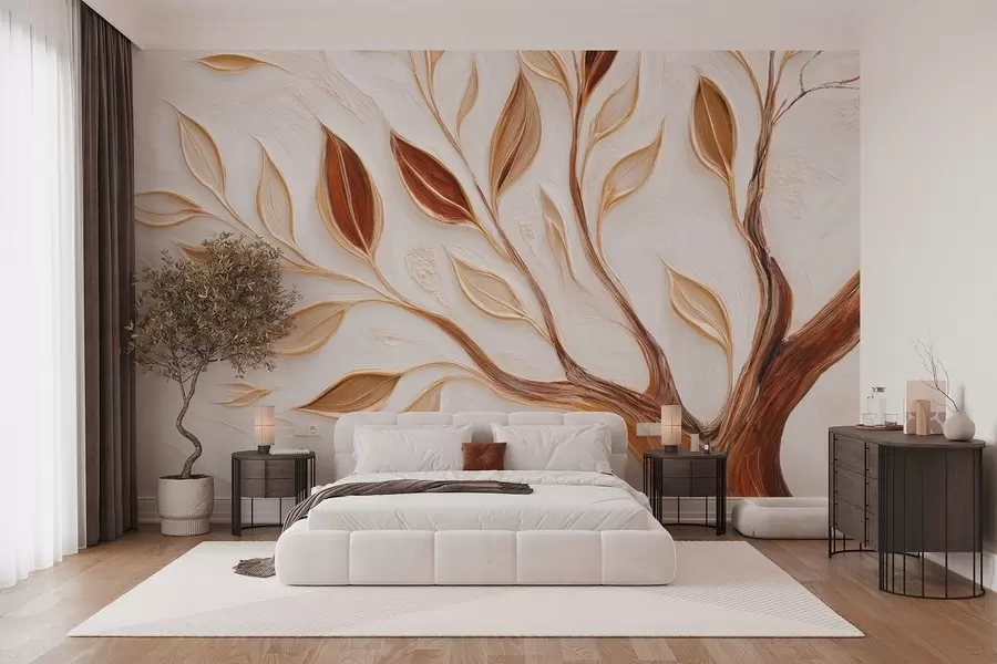 wall murals Декоративно дрво са лишћем и имитацијом текстуриране позадине w09349