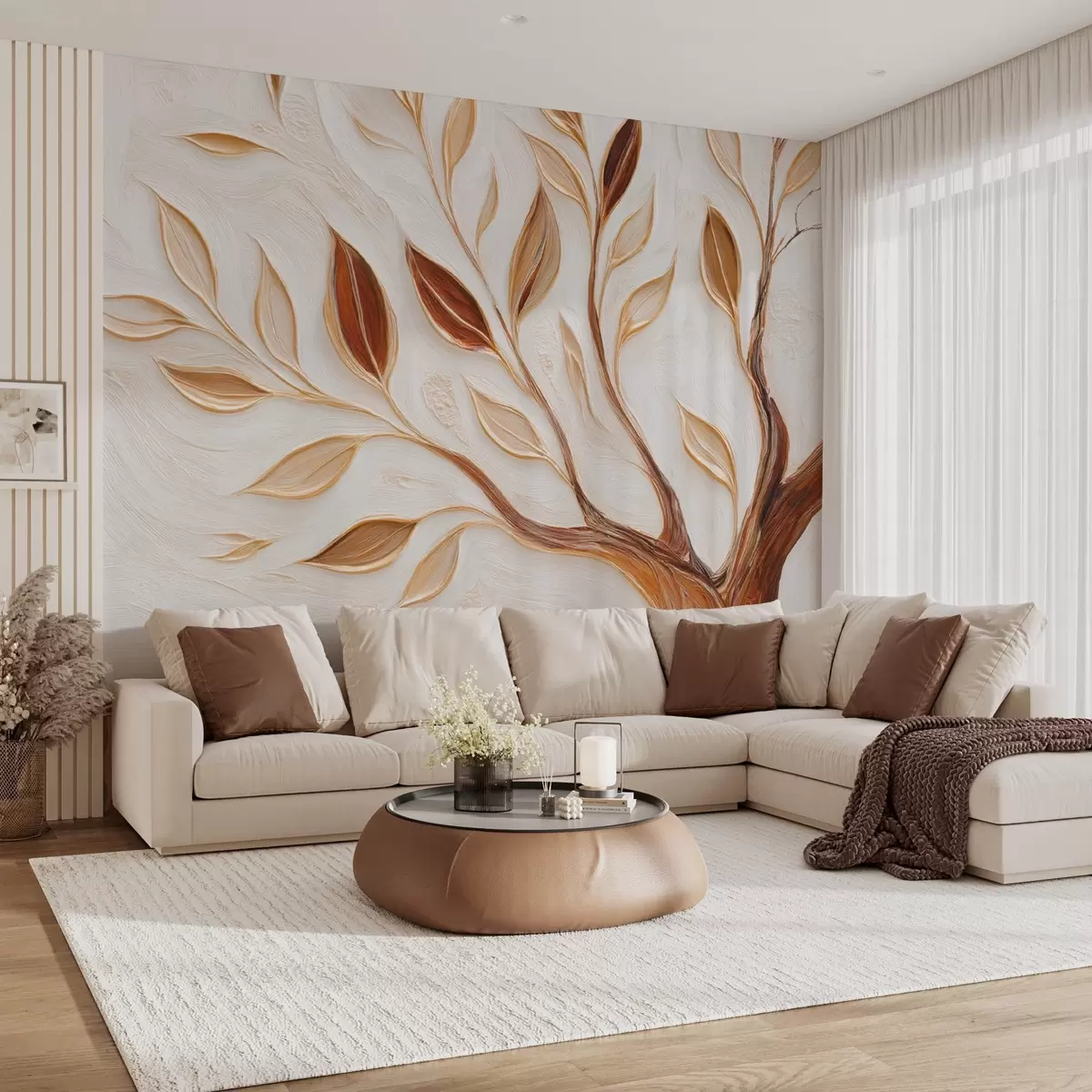 wall murals Декоративно дрво са лишћем и имитацијом текстуриране позадине w09349