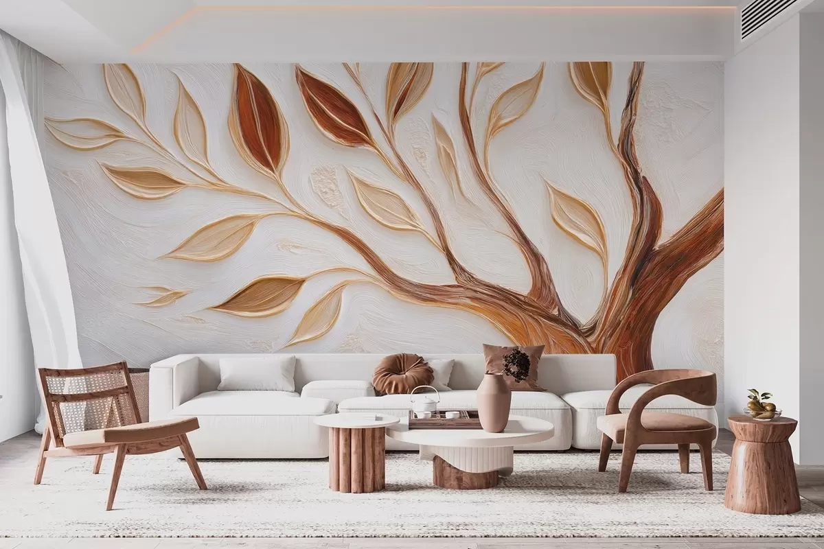wall murals Декоративно дрво са лишћем и имитацијом текстуриране позадине w09349