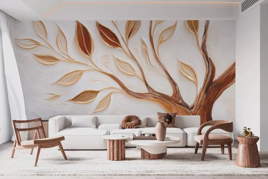 wall murals Декоративно дрво са лишћем и имитацијом текстуриране позадине w09349