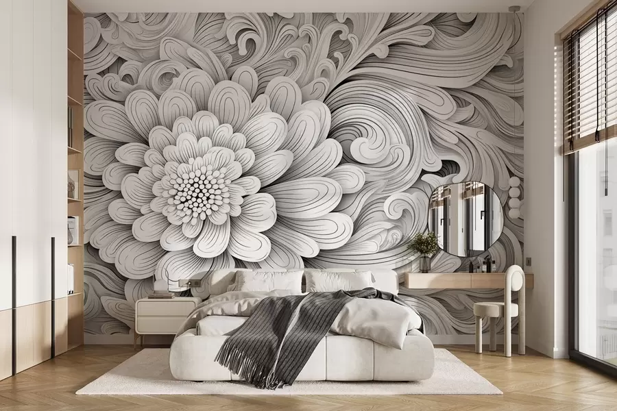 wall murals Декоративни црно-бели узорак у облику цвета и вртлога w09355