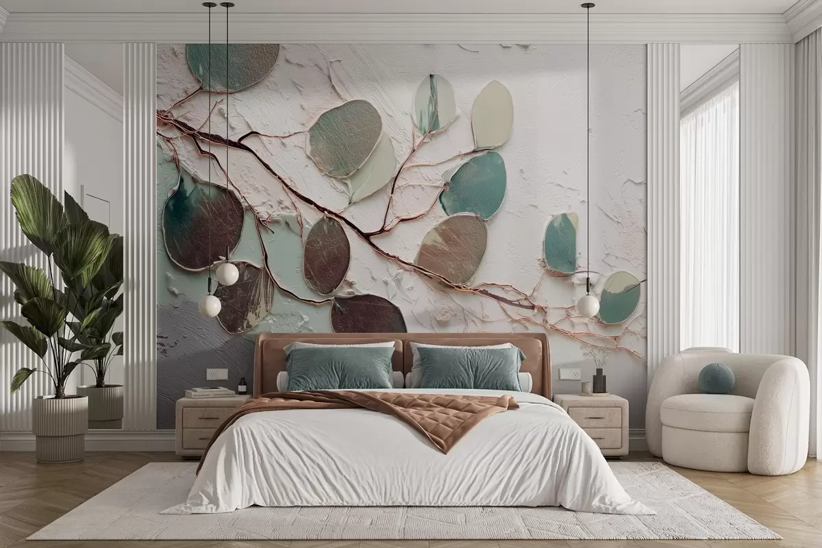 wall murals Декоративно дрво са лишћем и имитацијом текстуриране позадине w09357