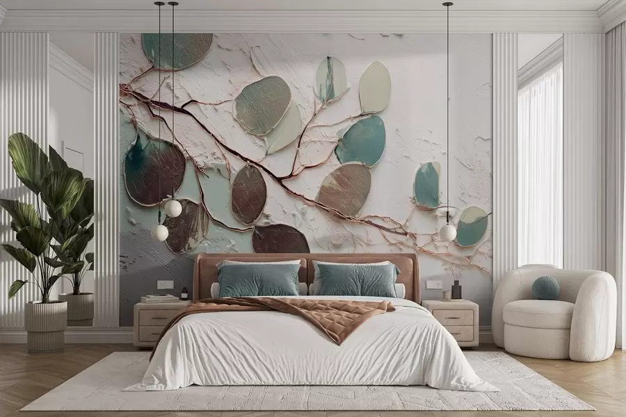 wall murals Декоративно дрво са лишћем и имитацијом текстуриране позадине w09357