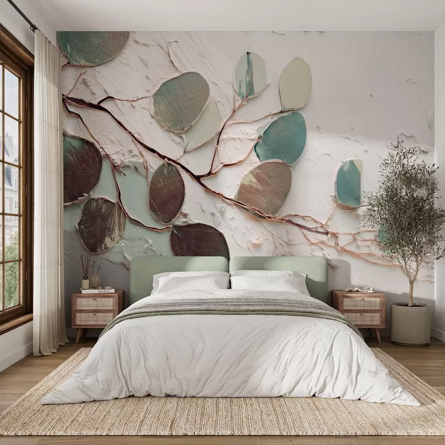 wall murals Декоративно дрво са лишћем и имитацијом текстуриране позадине w09357