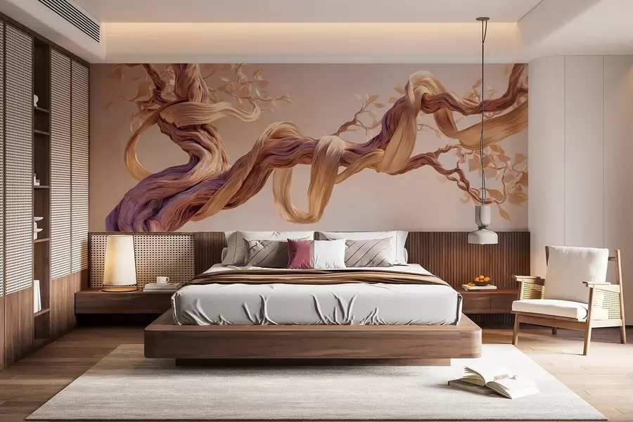 wall murals Увијено дебло дрвета са украсним листовима w09360