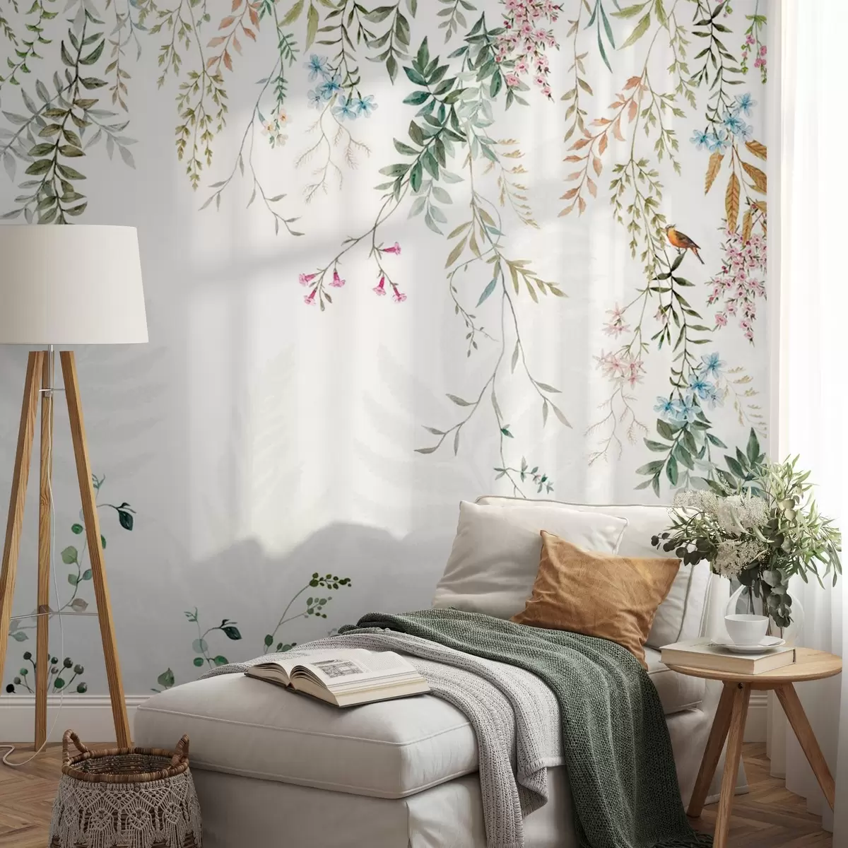 wall murals Ботаничка илустрација са папратима, травом и висећим биљкама, пастелним тоновима, на белој позадини у акварелном текстурираном стилу w09364