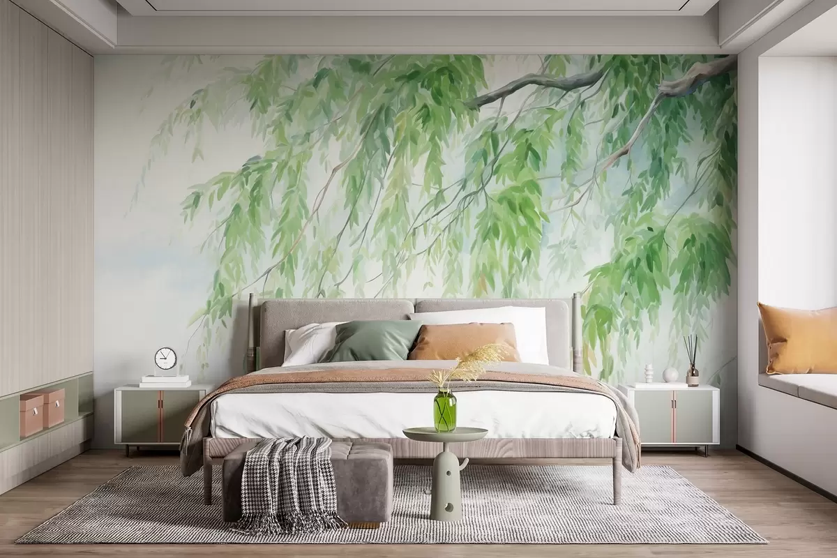 wall murals Гране плакуће врбе са зеленим листовима који висе надоле, меки и нежни потези четкицом, стил сликања акварелом w09365