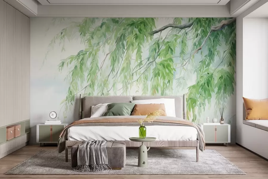 wall murals Гране плакуће врбе са зеленим листовима који висе надоле, меки и нежни потези четкицом, стил сликања акварелом w09365