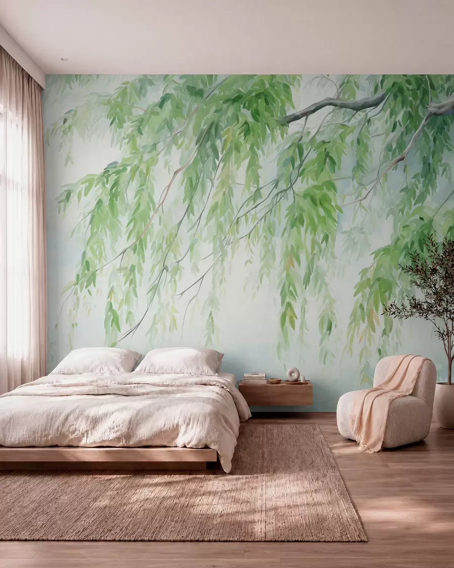 wall murals Гране плакуће врбе са зеленим листовима који висе надоле, меки и нежни потези четкицом, стил сликања акварелом w09365