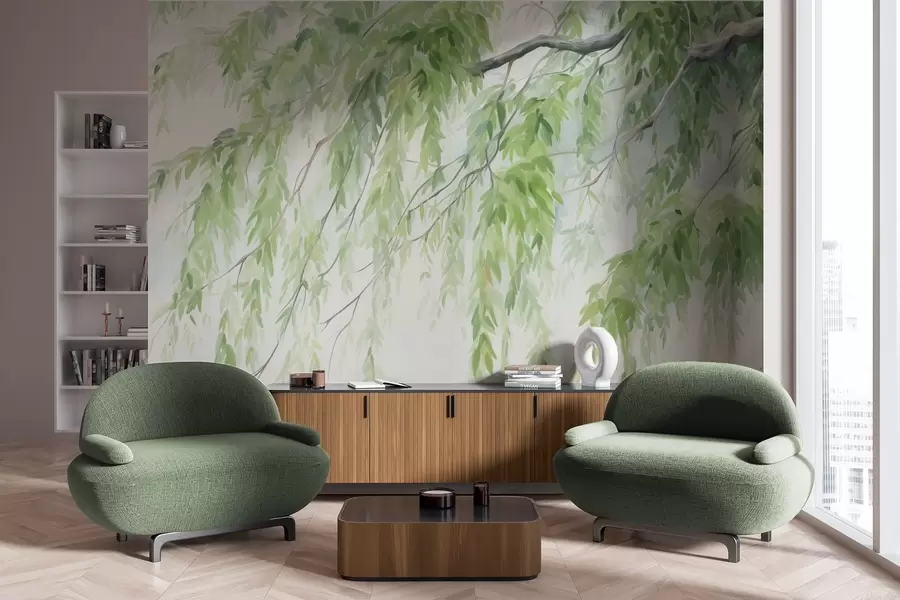 wall murals Гране плакуће врбе са зеленим листовима који висе надоле, меки и нежни потези четкицом, стил сликања акварелом w09365