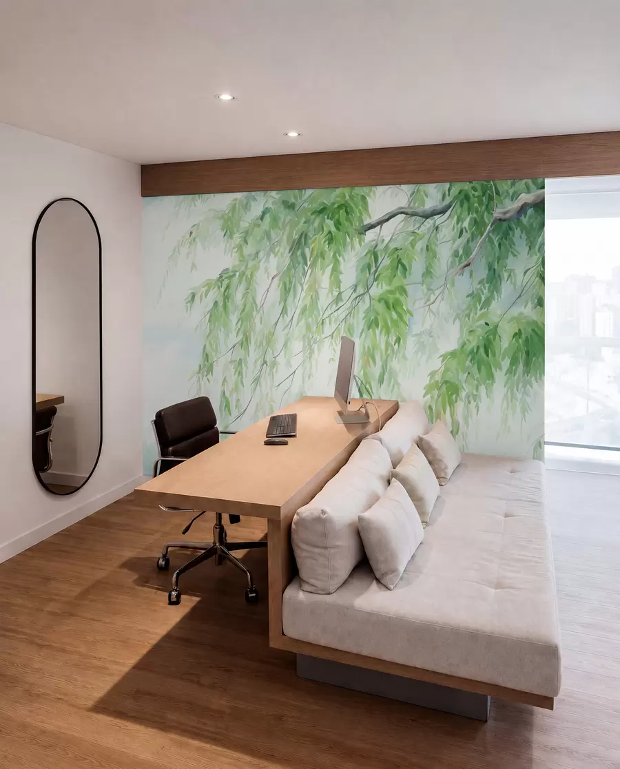 wall murals Гране плакуће врбе са зеленим листовима који висе надоле, меки и нежни потези четкицом, стил сликања акварелом w09365