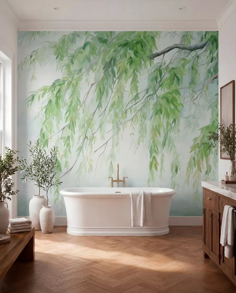 wall murals Гране плакуће врбе са зеленим листовима који висе надоле, меки и нежни потези четкицом, стил сликања акварелом w09365