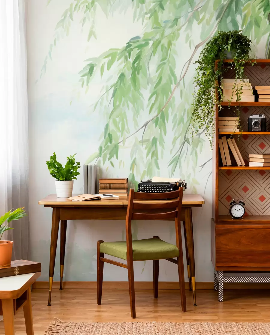 wall murals Гране плакуће врбе са зеленим листовима који висе надоле, меки и нежни потези четкицом, стил сликања акварелом w09365