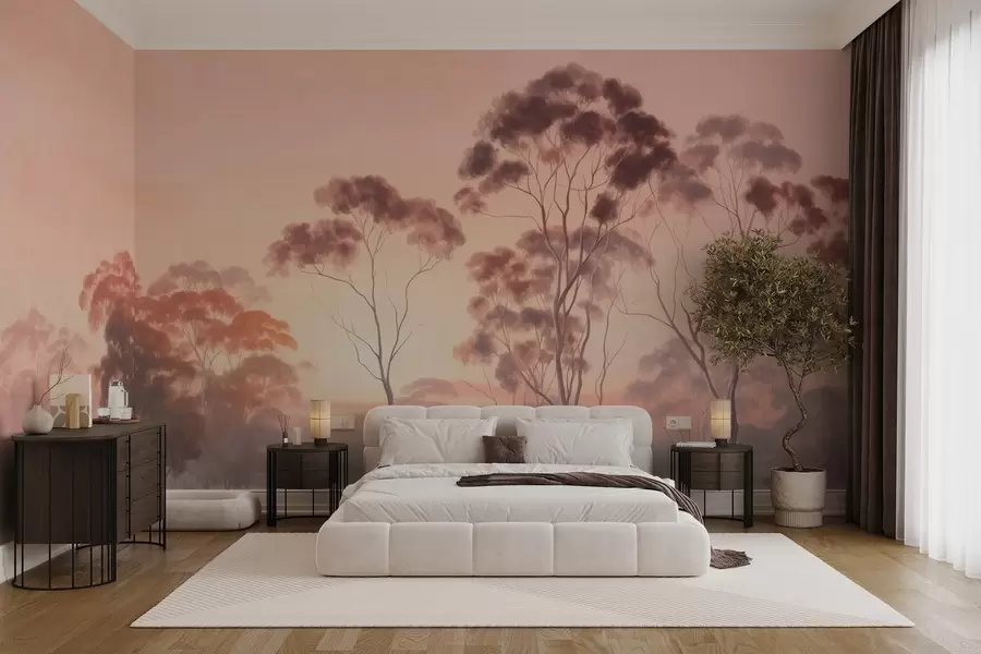 wall murals Пејзаж са еукалиптусима у пољу са пастелно ружичастим и наранџастим небом, лаганом маглом, стилом сликања текстуре w09367