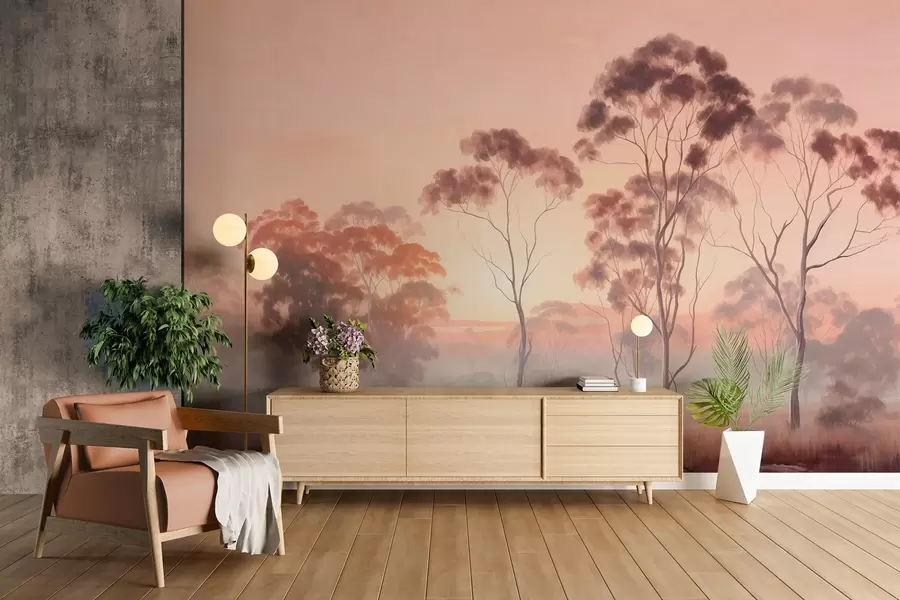 wall murals Пејзаж са еукалиптусима у пољу са пастелно ружичастим и наранџастим небом, лаганом маглом, стилом сликања текстуре w09367