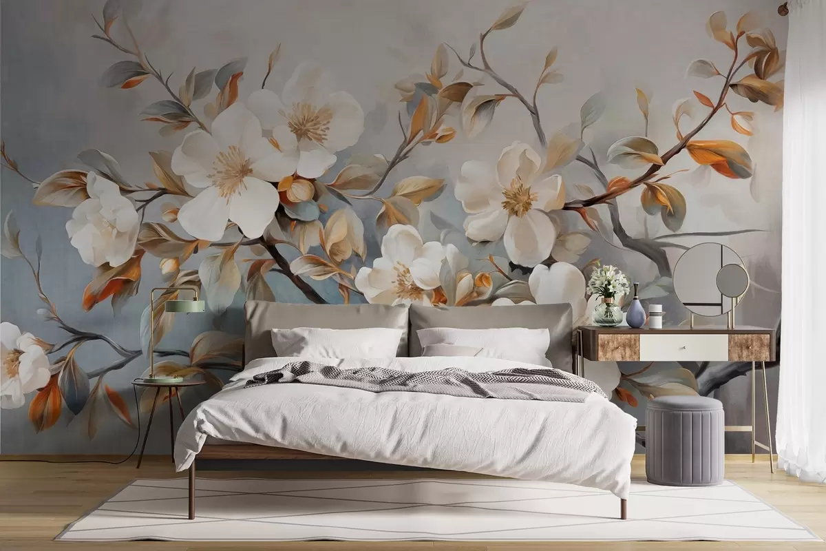wall murals Бело цвеће са жутим тучковима на грани дрвета са лишћем, светла позадина, винтаге стил сликања, текстурирани отисак w09368