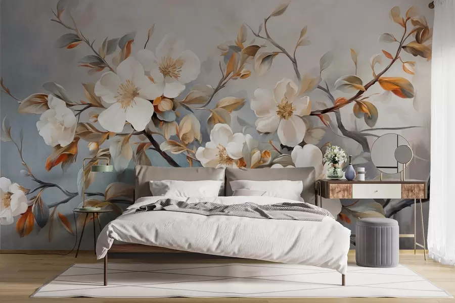 wall murals Бело цвеће са жутим тучковима на грани дрвета са лишћем, светла позадина, винтаге стил сликања, текстурирани отисак w09368