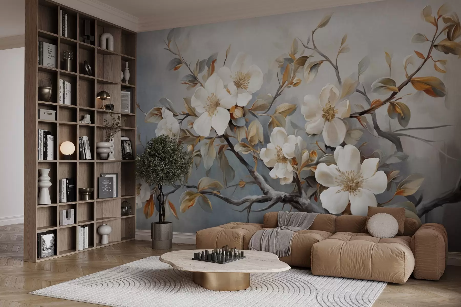 wall murals Бело цвеће са жутим тучковима на грани дрвета са лишћем, светла позадина, винтаге стил сликања, текстурирани отисак w09368