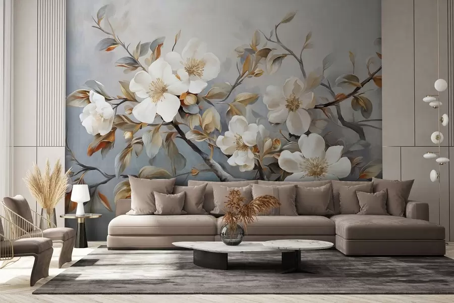 wall murals Бело цвеће са жутим тучковима на грани дрвета са лишћем, светла позадина, винтаге стил сликања, текстурирани отисак w09368