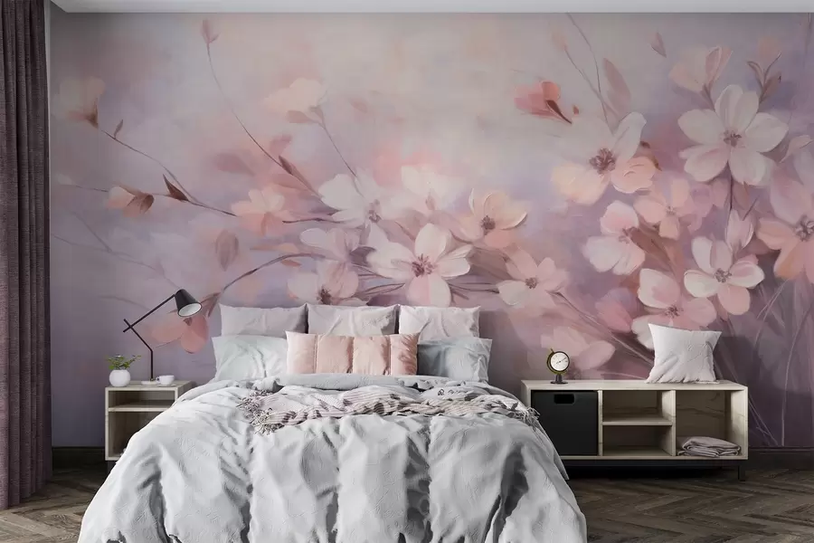 wall murals Цветни аранжман са нежним цвећем са меким, замућеним ивицама, на пастелној позадини лаванде и светло ружичастих нијанси w09369